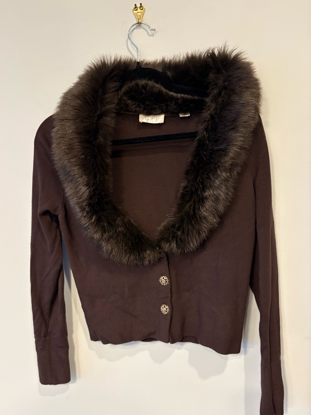 Y2K vintage Ann Taylor Brown Faux Fur Collar Cardigan chocolate brown medium